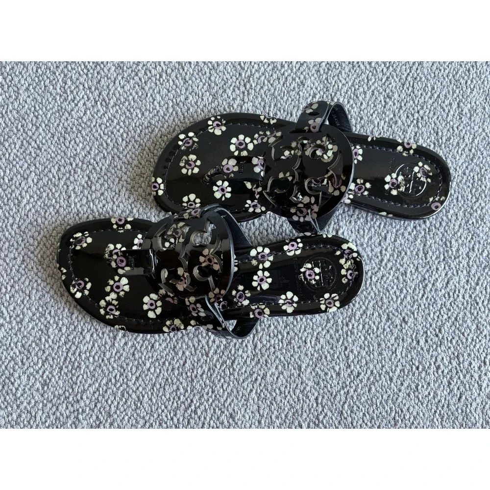 Tory Burch Miller Floral Patent Sandals Black Pink Women Size 4.5 M EU 35.5 - Picture 12 of 13